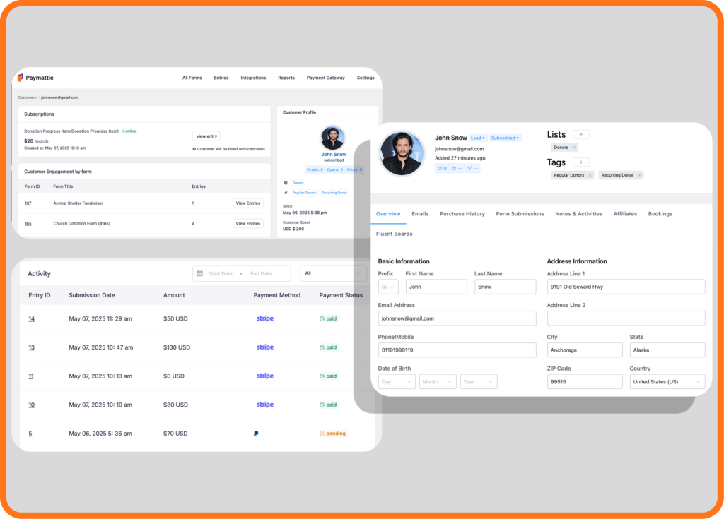 Paymattic user profile for complete donor management