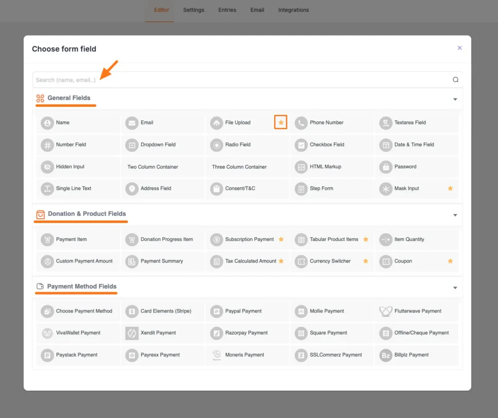 Choose Form Field page